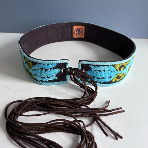 Tory Burch woven belt all over embroidery fringe tie boho hippie vintage 70s